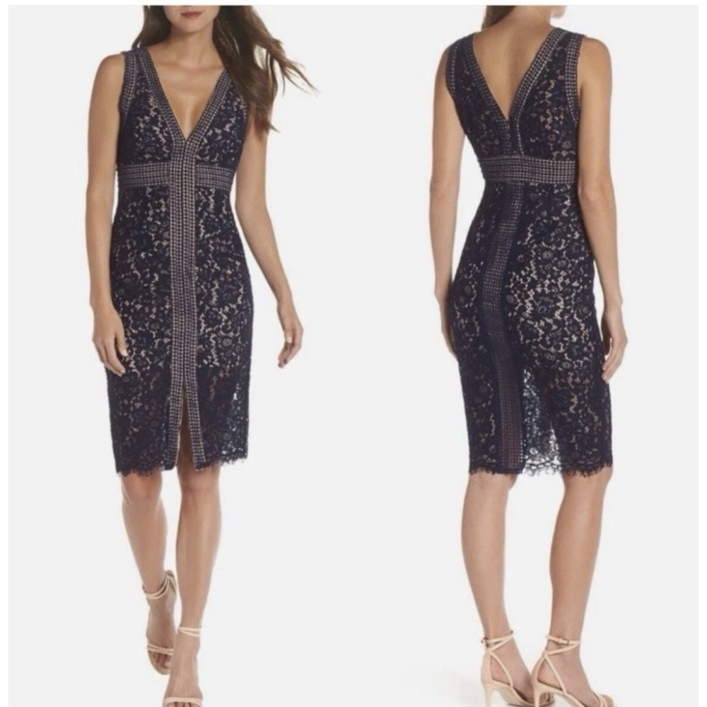 NWT BARDOT Morgen Lace Sheath Dress Size:4 Cocktail Knee Length Navy Front Slit